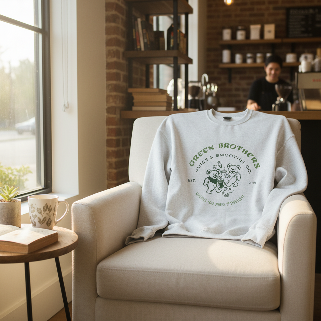 Green Brothers Retro Sweatshirt in a cozy setting